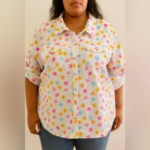 CJ Banks Floral Button Down Shirt - Pink, Yellow, Blue Size 1X